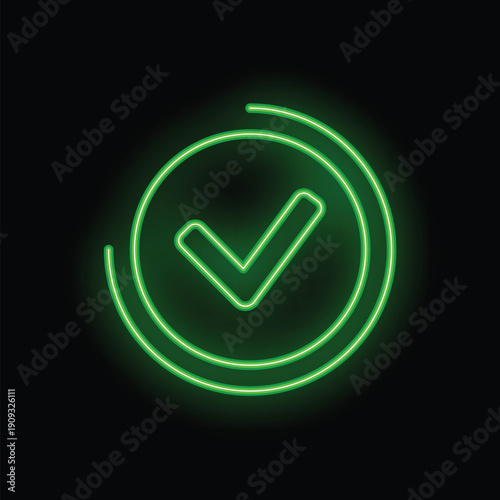 Bright green neon check mark is glowing on a black background