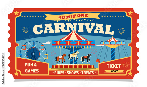 Carnival Ticket Template – Flat Vector Illustration. Vintage Circus Entry Ticket – Isolated Vector Design