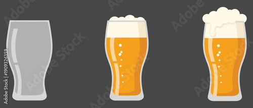 Three glasses of beer depicting filling levels from empty to full