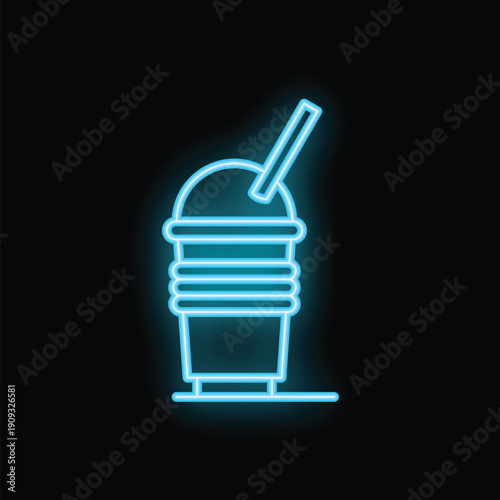 Blue neon sign depicting a soda in a plastic cup with a straw, set against a black background