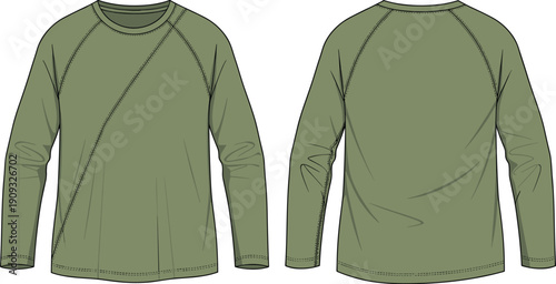 Olive Green Raglan Sleeve Longsleeve T-Shirt Fashion Technical Drawing: Versatile Design for Activewear and Casual Apparel Mockups, Front and Back Views for Design Templates