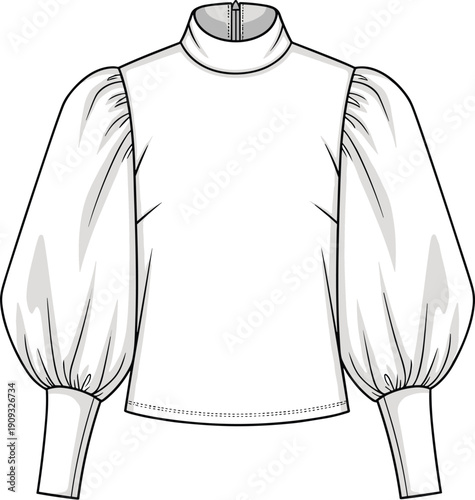 Fashionable White Blouse Technical Drawing for Apparel Design: Elegant Top with High Neck and Balloon Sleeves for Fashion Illustration and Pattern Making