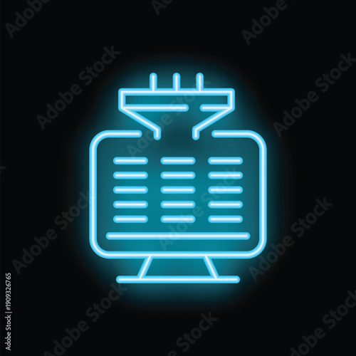Neon glowing icon of a computer monitor receiving filtered information representing data analysis and processing