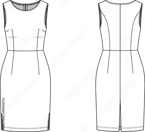 Fashionable Sleeveless Sheath Dress Technical Drawing: Elegant Design for Modern Women's Apparel Design, Illustrating Classic Style & Versatile Wardrobe Essential