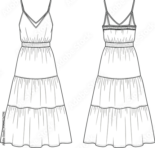 Fashionable Flow: A Chic Tiered Maxi Dress Fashion Illustration with a Relaxed Silhouette for Summer Style and Design Projects, Back and Front Views