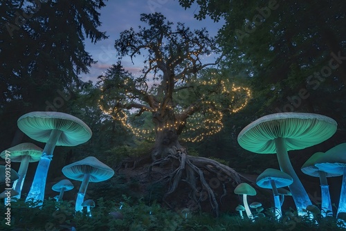 Enchanted Tree and Glowing Mushrooms Fantasy Background