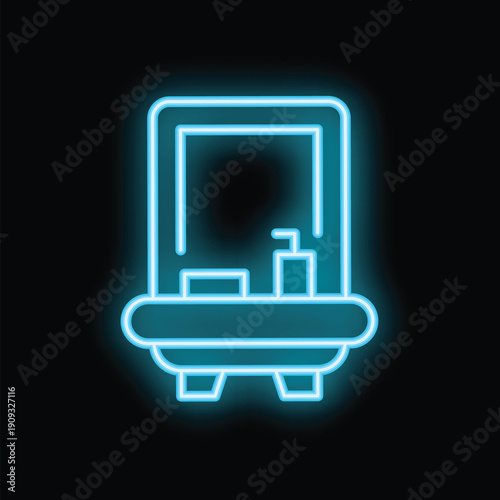 Blue neon icon of a dressing table with a mirror and cosmetics glowing on a black background