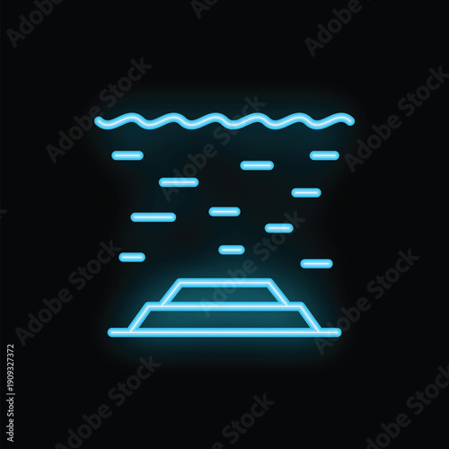 Glowing neon icon of gold bars lying on ocean floor, treasure hunting concept