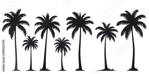 seven black palm tree silhouettes of varying heights are standing in a horizontal row, isolated against a clean white background in a minimalist vector illustration style.