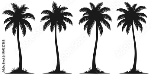 Four black palm tree silhouettes standing in a row, isolated against a pure white background, representing tropical vacation, summer holidays, and beach travel vector graphics.
