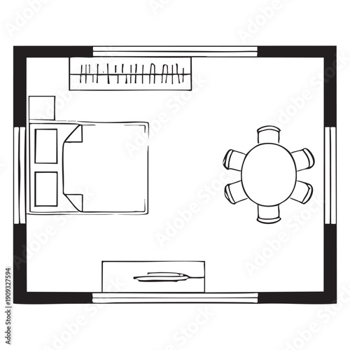 Black and white floor plan of a room with a table and chairs room top view layout