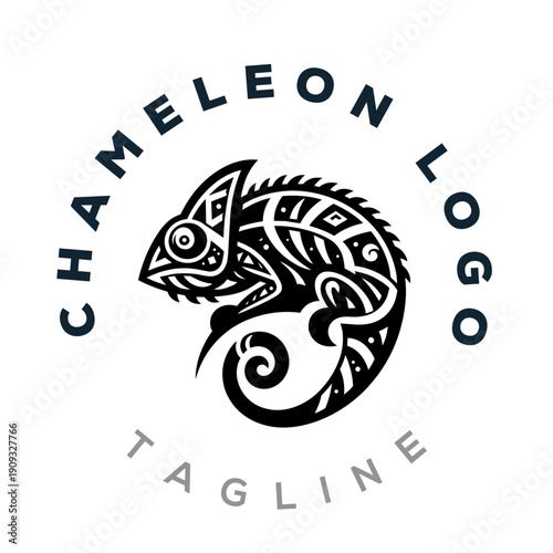 Modern tribal chameleon logo vector template with intricate geometric patterns in black and white style for creative business branding identity