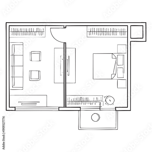 latest Black and white floor plan of a small apartment top view with furniture layout and measurements