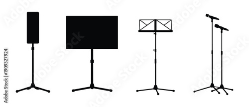 Vintage microphone stand collection vector illustration, retro studio audio equipment silhouettes, classic broadcast microphones set. Music stand. Vector Black silhouettes. with white background
