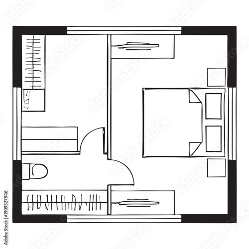 Black and white best floor plan top view for a small apartment with furniture layout apartment layout