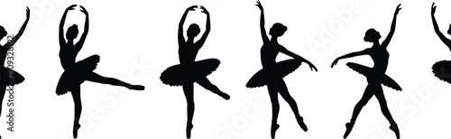 Ballet dancer silhouette set featuring elegant female ballerinas performing classical dance poses isolated on white background for art, fitness and design use