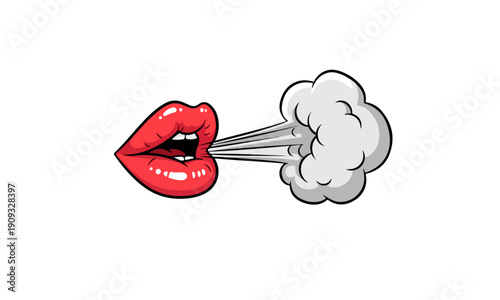 Red Pop Art Lips Blowing Steam Cloud in Retro Comic Book Style