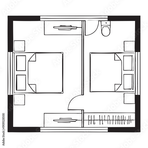 Top view Black and white floor plan of a small apartment with two bedrooms and a bathroom