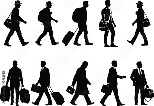 Silhouettes of people walking with luggage