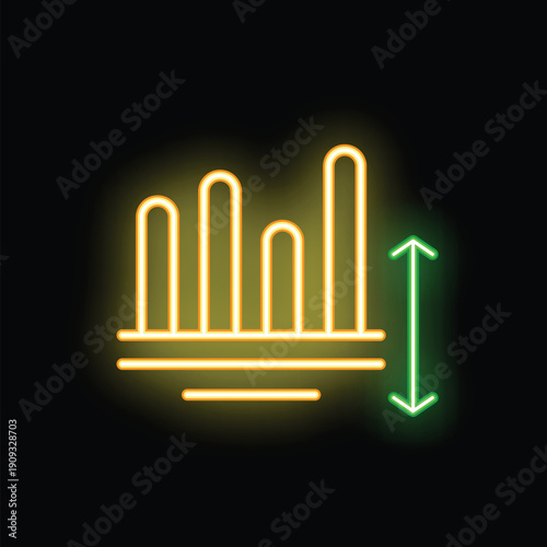 Yellow neon icon of a line chart showing market volatility with green up and down arrows