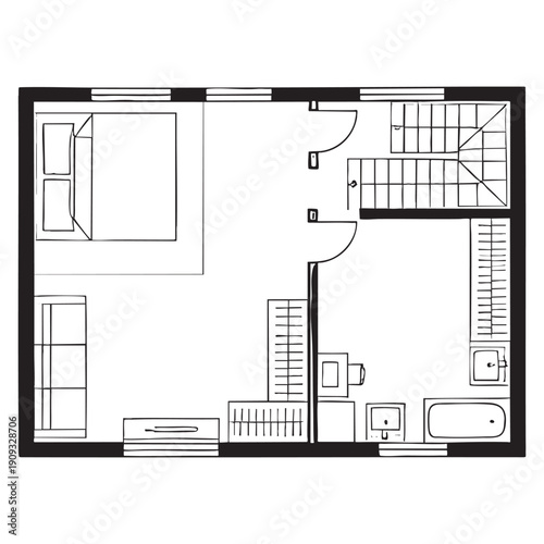 Black and white floor plan top view of a small bathroom with a bathtub and shower sink