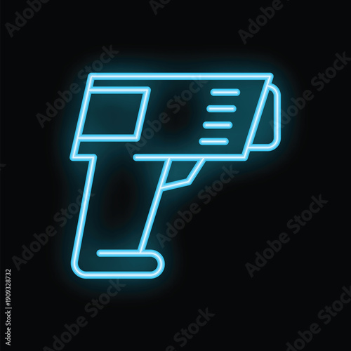 Digital infrared thermometer with blue neon light, glowing on a black background