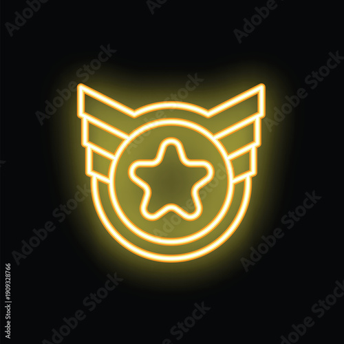 Neon yellow military rank insignia with star symbol glowing on black background
