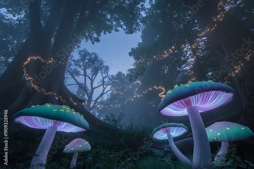 Fairy Lights and Bioluminescent Mushrooms in Moonlit Woods 
