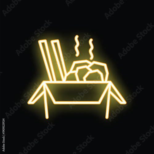 Yellow glowing neon sign depicting an opened cardboard container full of steaming hot wok food with chopsticks on a black background