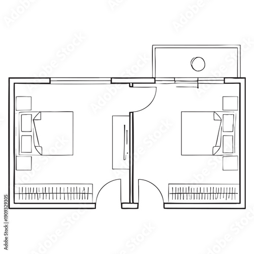 Black and white floor plan of a two-bedroom apartment with furniture layout apartment layout