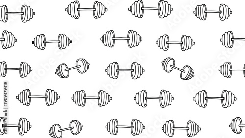 Handdrawn dumbbell fitness pattern illustration for gym workout equipment background design featuring sports and weightlifting elements