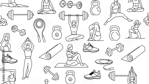 Minimalist line art seamless pattern showcasing various fitness activities and gym equipment for a healthy lifestyle design