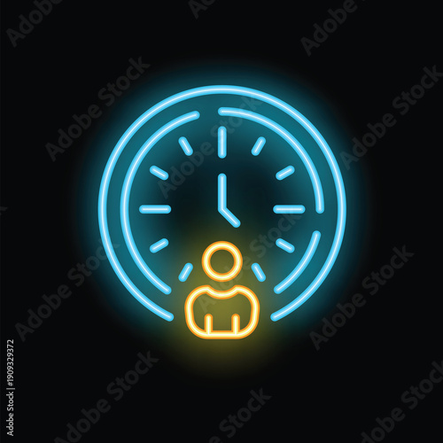 Neon sign showing the concept of time management, featuring a clock and a user icon