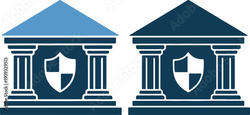 Bank buildings with shields on them for security and protection