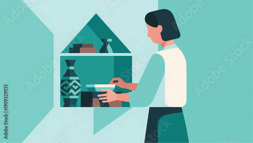 Illustration Of A Woman Storing Traditional Objects In A Special Place Vector Design Template