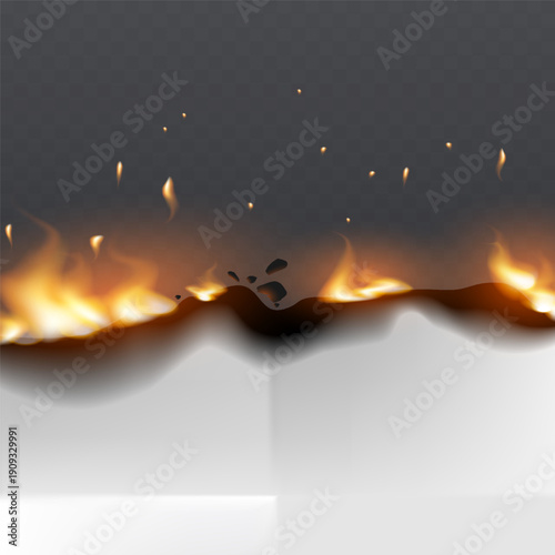 Burning paper border with flames and sparks on transparent background