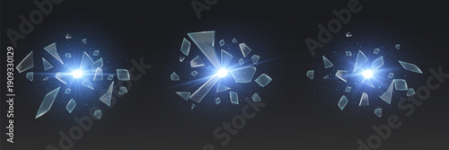 Broken glass shards flying with blue light explosion