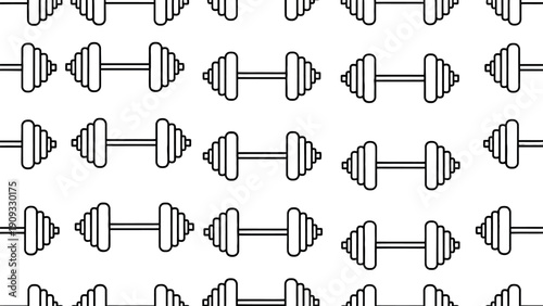 Seamless pattern of simple black outline dumbbells for fitness training and strength workout on a clean white background