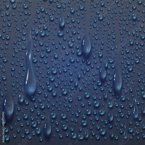 Water droplets forming condensation on a blue surface