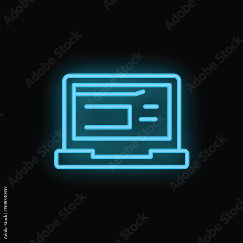 Neon blue laptop icon with internet webpage template glowing on black background, vector illustration