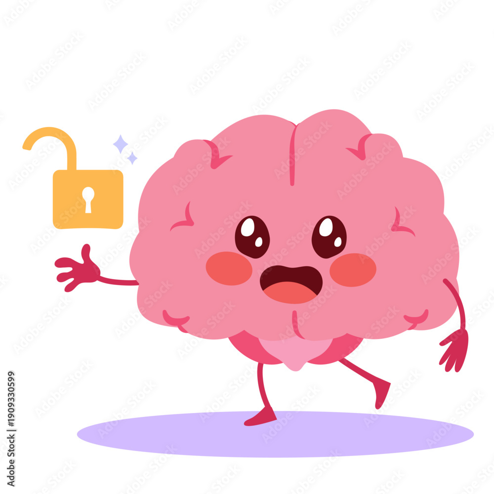 Obraz premium Cartoon vector illustration of a vital cute brain character with an open lock. Concept for mental health, freedom, emotional release, clarity and psychological wellbeing