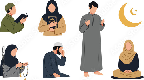 Muslim People Praying and Reading Quran Set for Ramadan Kareem Religious Activities