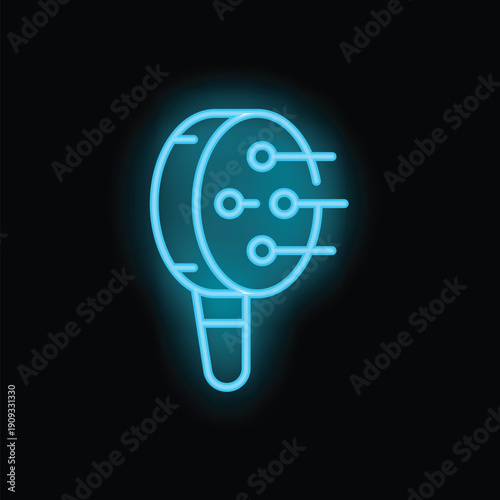 Blue neon icon of a round hairbrush glowing on black background representing hairdressing and beauty