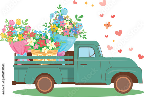 Cute Spring Flower Truck with Bouquets, Flat Vector Illustration, Floral Delivery Concept