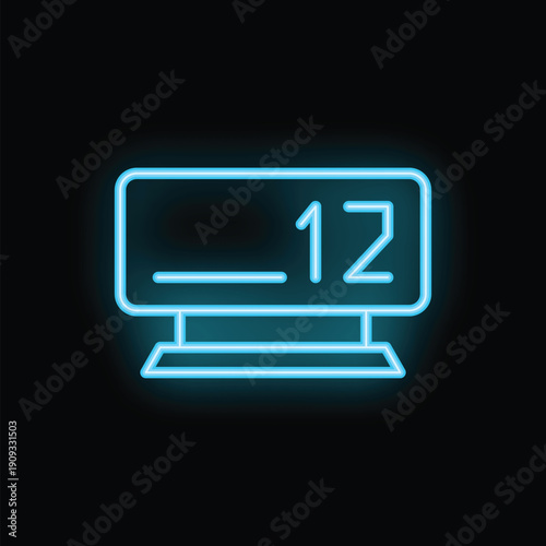 Blue neon sign depicting a digital counter showing the number twelve on a black background