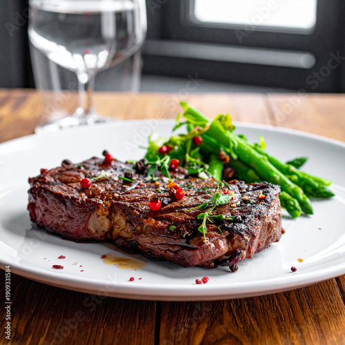 Grilled Steak with Herbs and Red Peppercorns Served with Fresh Asparagus