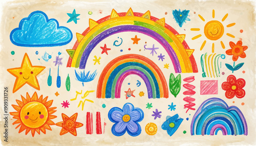 Create vibrant abstract illustration with rainbow, sun, stars, flowers, and clouds