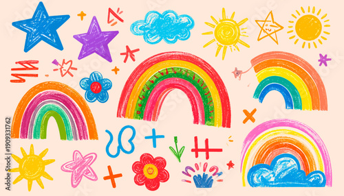 Vibrant abstract illustration features whimsical rainbow, star, sun, cloud, and flower designs.
