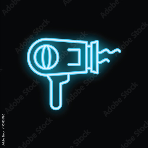 Neon hair dryer blowing hot air, a vibrant illustration for beauty salons and hair care products