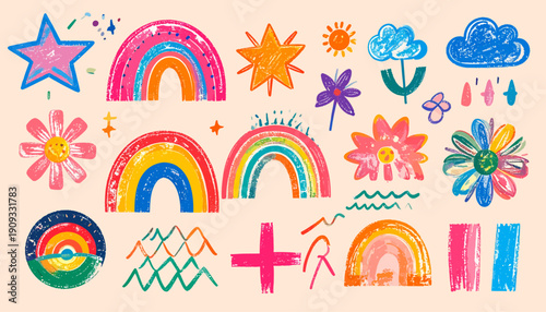 Vibrant abstract illustration featuring whimsical hand-drawn shapes and symbols on a colorful background.